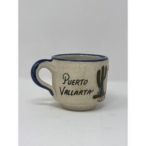 Puerto Vallarta Mexico Hand Painted Stoneware Mug Cactus Siesta Scene Blue Rim